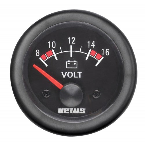 Voltmeter , 12 V (10-16V), håltagnings D. 52 mm
