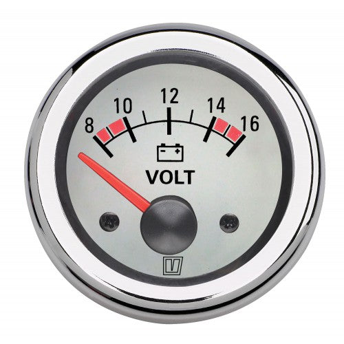 Voltmeter, med vit tavla, 12 V (10-16V), håltagnings D. 52 mm