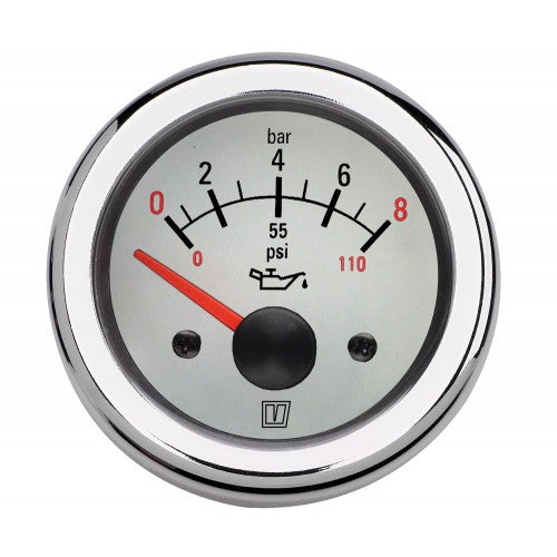 Oljetrycksmätare 12 V, med vit tavla, (0-8 kg/cm2), håltagnings D. 52 mm